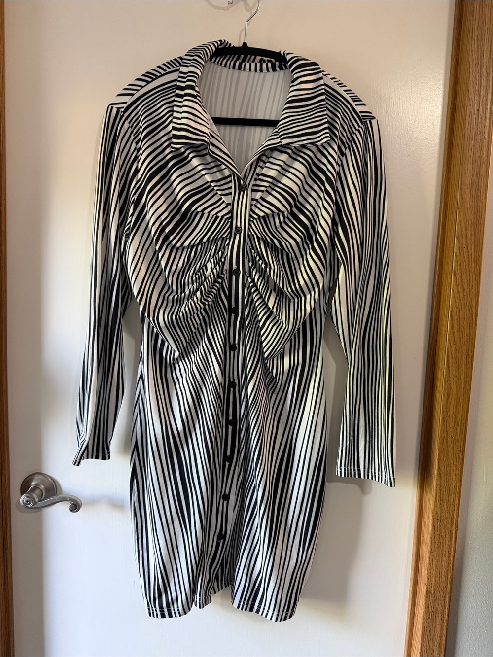 SHEIN Black & White Vertical Stripe Long Sleeve Shirt Dress